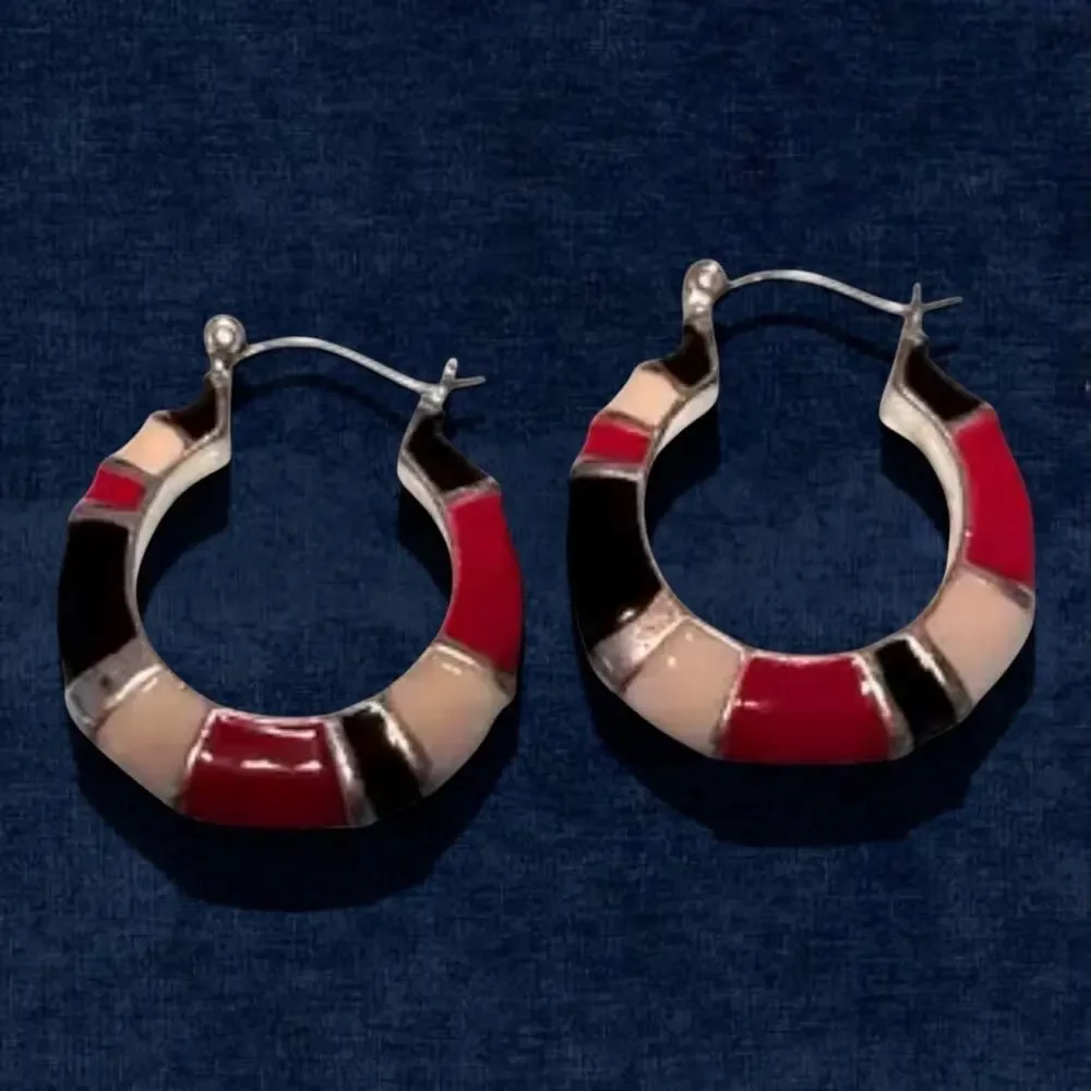 Vintage Red White Blue Enamel Hoop Earringsl Costume Jewelry 1” Patriotic Hoops